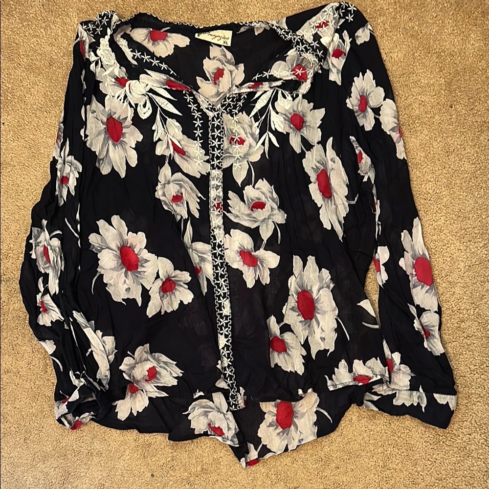 Navy Floral Relaxed Pullover Blouse
